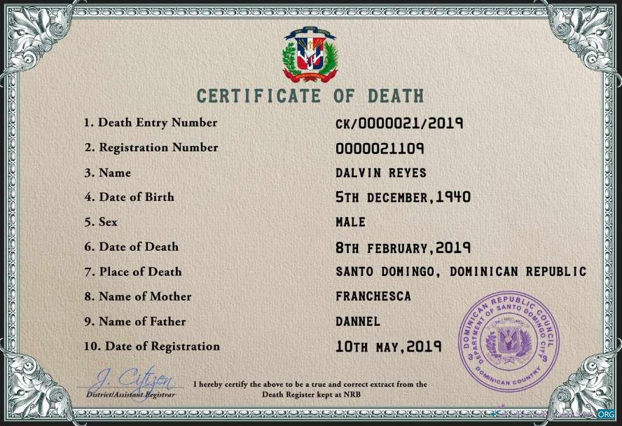 Download Dominican Republic vital record death certificate PSD template Photoshop template